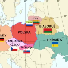 Mapa Europy Środkowej. Polska graniczy na wschodzie z Litwą, Białorusią i Ukrainą.