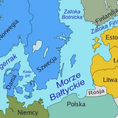 Mapa pokazuje kraje w obrębie Morza Bałtyckiego: Danię, Szwecję, Norwegię, Finlandię, Estonię, Łotwę, Litwę, Polskę, Niemcy i Rosję.