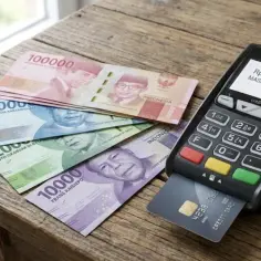 Rupie indonezyjskie, czyli waluta na Bali, leżą obok terminala płatniczego, na którym wyświetla się kwota 175 000.