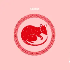 Szczur, chiński znak zodiaku 1996, w czerwonej, stylizowanej formie na różowym tle.
