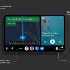 Nowoczesny interfejs Android Auto z nawigacją i odtwarzaczem muzyki, idealny do Yanosik.