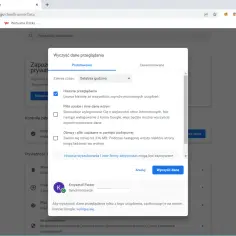 W oknie "Wyczyść dane przeglądania" zaznaczono opcję "Historia przeglądania", aby wyczyścić historię Google.