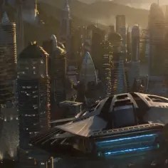 Futurystyczne miasto Wakanda z latającym statkiem w tle.