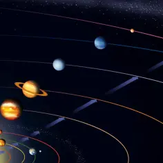 Ilustracja przedstawia układ słoneczny planety po kolei: Słońce, Merkury, Wenus, Ziemia, Mars, Jowisz, Saturn, Uran, Neptun.