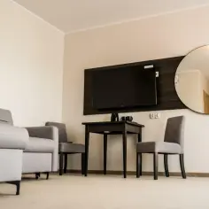 Wygodna sofa i fotele w pokoju hotelowym. Widok na telewizor i okrągłe lustro. Idealne miejsce na relaks po dniu pełnym wrażeń na sosnowym wzgórzu Jastrzębia Góra.