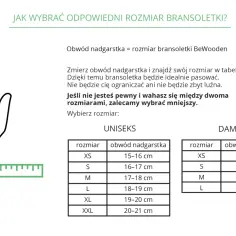Ilustracja dłoni z miarką na nadgarstku i tabelami rozmiarów bransoletek.