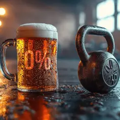Kufel piwa bezalkoholowego IPA z napisem "0%" obok kettlebell. Zastanawiasz się, ile kalorii ma piwo bezalkoholowe typu IPA, a zwykły lager?