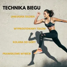 Kobieta demonstruje prawidłową technikę biegu: uniesiona głowa, wyprostowany tułów, kolana do góry, prawidłowe wybicie.