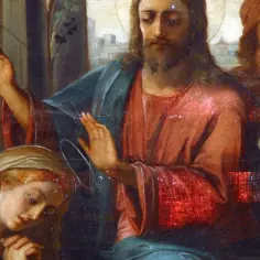 Obraz przedstawia Jezusa nauczającego kobietę u jego stóp. Czy Jezus miał żonę? Ta scena sugeruje bliskie relacje.