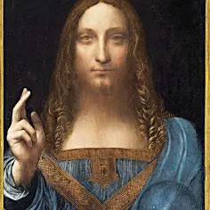 Obraz "Salvator Mundi" przedstawia Jezusa w niebieskiej szacie, błogosławiącego prawą ręką. Jego spojrzenie jest przenikliwe.