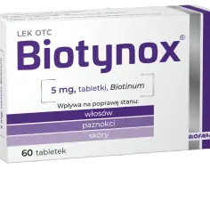 Opakowanie leku Biotynox 5 mg, tabletki. Wskazania: włosy, paznokcie, skóra. Szukasz bioxetin zamienniki?