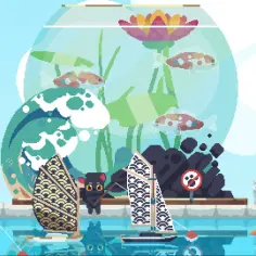 Pixelartowa scena z kotami na wyspie. Statek, akwarium z rybkami, łódki i automat z napisem "Cat Island".