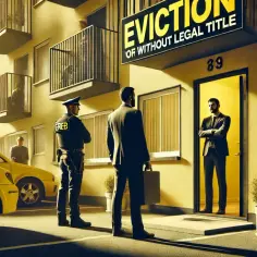 Policjant i mężczyzna w garniturze stoją przed budynkiem z napisem "EVICTION". Scena sugeruje trudną sytuację, jak pozbyć się lokatorów z mieszkania.