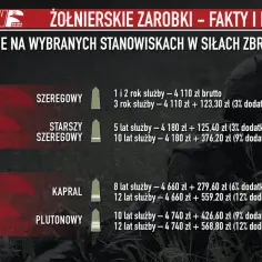 Grafika przedstawia tabelę z zarobkami żołnierzy w Wojsku Polskim.