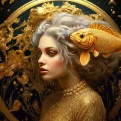 Złota ryba nad głową kobiety, symbolizująca 14 marzec znak zodiaku Ryby. Bogate zdobienia i mroczne tło.
