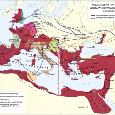 Mapa przedstawia podział cesarstwa rzymskiego i wielką wędrówkę ludów w IV-V w., ukazując granice i kierunki migracji.