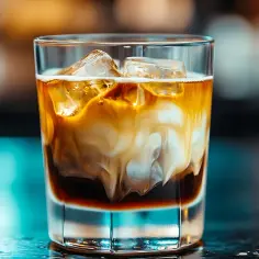 Szklanka z lodem i kremowym, brązowym drinkiem, który wygląda jak biały rusek.