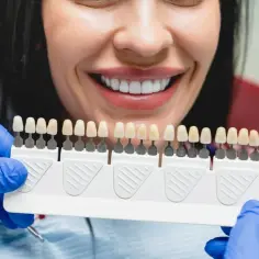 Uśmiechnięta kobieta z idealnymi zębami, dentysta dobiera odcień licówek.