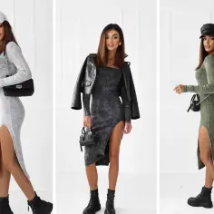 Trzy kobiety prezentują modny styl ubioru: dopasowane sukienki z rozcięciem, skórzane kurtki i masywne buty.