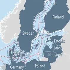 Mapa pokazuje Morze Bałtyckie i kraje nad nim leżące. Norwegia nie graniczy z Morzem Bałtyckim, ale z Morzem Północnym.