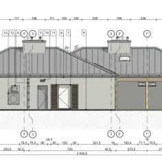 Projekt architektoniczno budowlany: przekrój elewacji budynku z wymiarami i oznaczeniami elementów konstrukcyjnych.