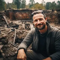 Uśmiechnięty archeolog w okularach na głowie, siedzi na wykopaliskach. W tle widać ceglane mury i ziemię.