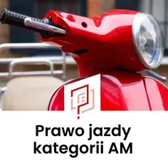 Czerwony skuter i tekst "Prawo jazdy kategorii AM". Dowiedz się, ile kosztuje karta motorowerowa.