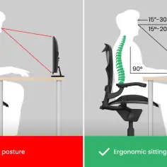 Ilustracja porównująca złą postawę przy monitorze (czerwone bóle kręgosłupa) z ergonomiczną (zielony kręgosłup).