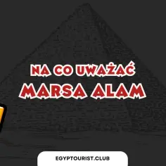 Urocza postać faraona ostrzega: na co uważać w Marsa Alam. Słońce, palma i piramida w tle.