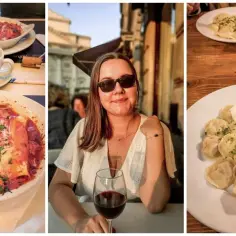 Smaczne pierogi i zapiekanka, idealne na dobre jedzenie Warszawa. Kobieta z kieliszkiem wina w letniej scenerii.