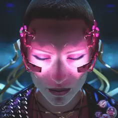 Kobieta z różowymi implantami na skroniach, zanurzona w doświadczeniu cyberpunk braindance.