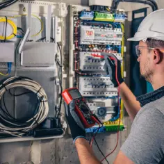 Elektryk w kasku sprawdza miernikiem instalację elektryczną. W skrzynce widoczne są przewody, router i bezpieczniki, a jego praca to kontrola mocy biernej.