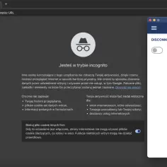Nowa karta w trybie incognito Chrome. Panel boczny pokazuje profil OpenVPN "Polski-VPN.pl" jako rozłączony.