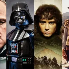 Kadr z kultowej trylogii: Don Corleone, Darth Vader, Frodo Baggins i Człowiek bez imienia.