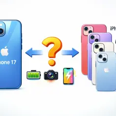 Porównanie iPhone 17 z poprzednimi modelami: iPhone 13, 14, 15, 16. Ikony baterii, aparatu i telefonu z błyskawicą.