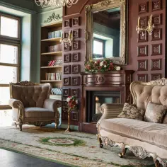 Elegancki salon w stylu wiktoriańskim: aksamitna kanapa, fotele, kominek, lustro i regały z książkami.