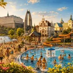Rzeszów atrakcje dla dorosłych: baseny, zjeżdżalnie i plaża miejska. W tle zamek i nowoczesny wieżowiec.