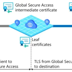 Schemat przedstawia proces TLS: od urządzeń klienckich, przez certyfikat pośredni Global Secure Access, do serwera docelowego, z użyciem certyfikatów głównych i liści.