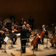 Orkiestra podczas koncertu. Dyrygent prowadzi muzyków grających na instrumentach smyczkowych.