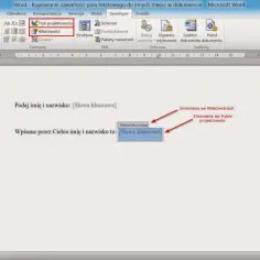 Microsoft Word: przycisk "Tryb projektowania" podświetlony, strzałki wskazują na pola tekstowe.