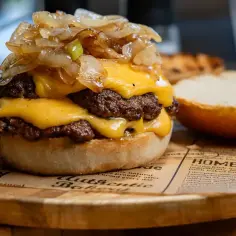 Pyszny smash burger z podwójną wołowiną, roztopionym serem i karmelizowaną cebulką. Idealny przepis na domowego burgera!