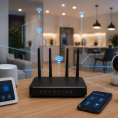 Router, inteligentny głośnik, kamera i smartfon tworzą sieć domową. Wybór odpowiedniego **jak internet do domu** jest kluczowy dla działania tych urządzeń.