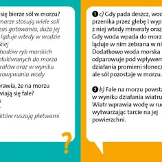 Tekst wyjaśnia, czy każde morze jest słone, tłumacząc, że sole pochodzą z wypłukiwania minerałów i parowania wody. Opisuje też powstawanie fal od wiatru.