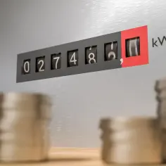 Liczniki pokazują zużycie energii w kWh. Stosy monet sugerują, że rachunki za prąd rosną.
