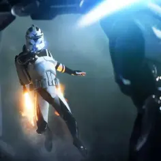 Żołnierz-klon w skafandrze bojowym, z płomieniami z plecaka, w powietrzu. Wygląda jak scena z **Battlefront 3**.