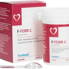 Suplement diety F-FERR C w proszku z żelazem i witaminą C, wspiera produkcję czerwonych krwinek. Pomocny przy niedoborach żelaza, które mogą być związane z hemochromatozą.