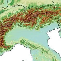 Mapa topograficzna Alp. Zobacz, z kim graniczą Włochy: Szwajcaria, Austria, Słowenia.