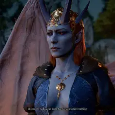 Potężna tiefling z rogami i skrzydłami, ozdobiona złotą biżuterią, spogląda z determinacją.