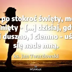 Sylwetka osoby na tle zachodzącego słońca. Cytat ks. Jana Twardowskiego: "Boże, po stokroć święty, mocny i uśmiechnięty - [...] dzisiaj, gdy mi tak smutno i duszno, i ciemno - uśmiechnij się nade mną.