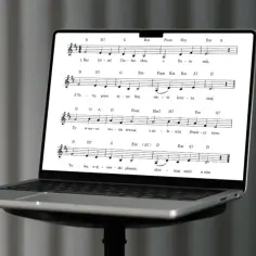 Laptop wyświetla zapis nutowy pieśni maryjnych.